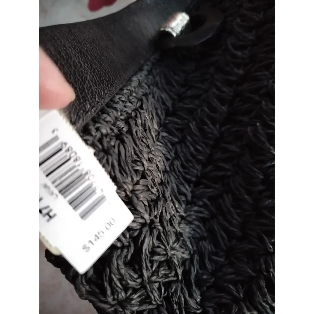 4752)Brighton Black Woven Raffia Rectangular Leather Trim  Crossbody Purse